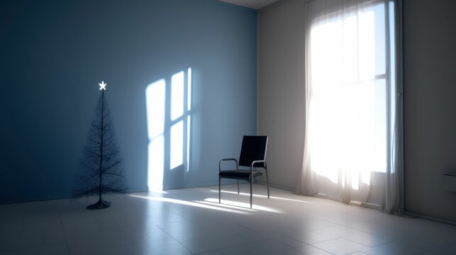 "Lonely Christmas" - Minimalistic room interior design with a chair and a Christmas tree. Generative AI illustration.