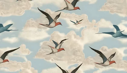 Foto op Plexiglas Grunge vlinders Wallpaper pattern Vintage Sentuno birds fly in the clouds blue sky. Generative AI