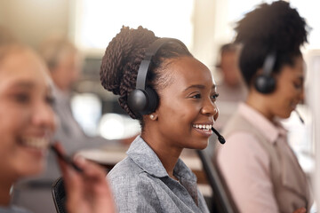 Call center, black woman and smile on face for sales, telemarketing and support. Professional...