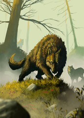 A giant wolf with his pack went hunting early in the morning in a foggy forest and looks ahead in search of prey. 2D illustration