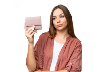 Young blonde woman holding a wallet over isolated chroma key background with sad expression