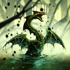 Swamp dragon makes a terrible roar in the forest in swamp water. 2D illustration