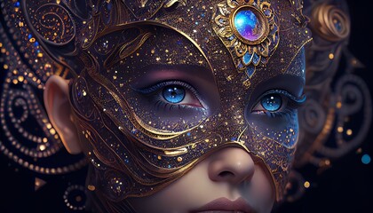 Amazing Mesmerizing Mysterious Fairy Woman Face Portrait AI Generated Artwork. AI Generative Beauty Young Woman Person Face Artificial Art Pattern Background.