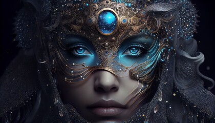 Amazing Mesmerizing Mysterious Fairy Woman Face Portrait AI Generated Artwork. AI Generative Beauty Young Woman Person Face Artificial Art Pattern Background.