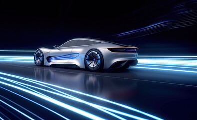 futuristic sport car driving speedily with light reflections in the dark