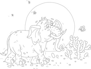 Funny elephant walking through a hot savanna with prickly cactuses on a sunny summer day, black and white outline vector cartoon illustration for a coloring book