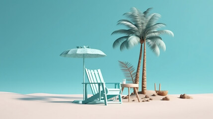 Beach chair, palm tree, blue sky, and accessories. Generative AI.