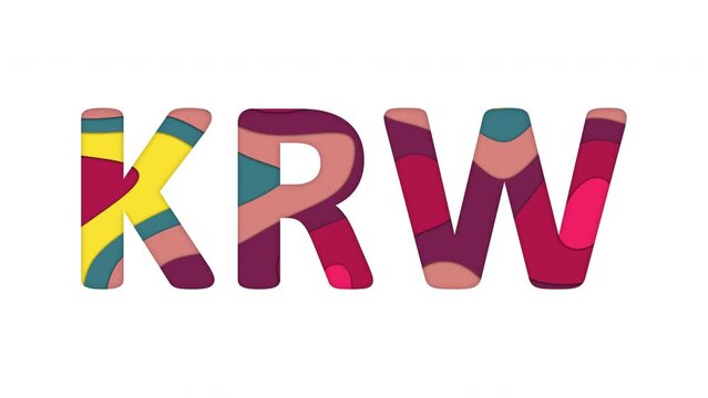 Multi-colored inscription ISO code currency KRW with colored spots floating inside. Looped from frame 120 to 839, Alpha BW at the end