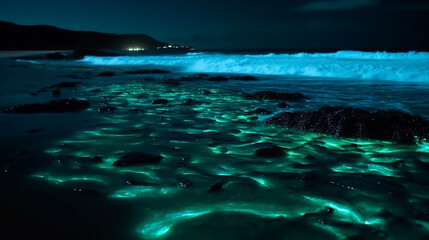 Fototapeta na wymiar A beautiful bioluminescent ocean with glowing plankton under a stunning sky. Generative AI.