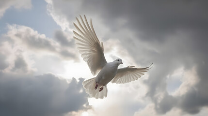 Fototapeta premium dove with a small branch of plant in the beak flight in clouds