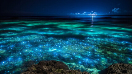 Fototapeta na wymiar A beautiful bioluminescent ocean with glowing plankton under a stunning sky. Generative AI.