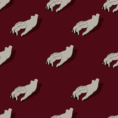 Seamless pattern with scary Hand. Wallpaper and bed linen print with Dead Human Hand. Creative Wrapping Paper on red background.