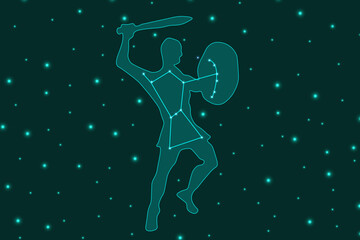 A large horizontal banner with Constellation of Orion. Orion's belt in the starry sky. Astronomical poster. The silhouette of a Greek demigod. Vector illustration. Astrology background.  - obrazy, fototapety, plakaty