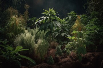 Cannabis 3 plants Growth Process: A Stunning Photographic Series Documenting the Journey of Three Marijuana Plants from Sprout to Fully Grown - Essential Stock Image for Cannabis Enthusiasts