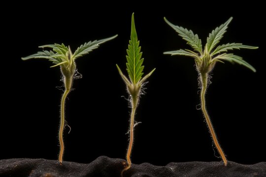 Cannabis 3 plants Growth Process: A Stunning Photographic Series Documenting the Journey of Three Marijuana Plants from Sprout to Fully Grown - Essential Stock Image for Cannabis Enthusiasts