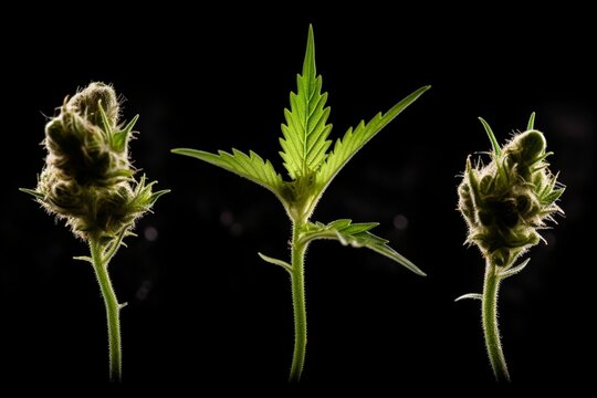 Cannabis 3 plants Growth Process: A Stunning Photographic Series Documenting the Journey of Three Marijuana Plants from Sprout to Fully Grown - Essential Stock Image for Cannabis Enthusiasts