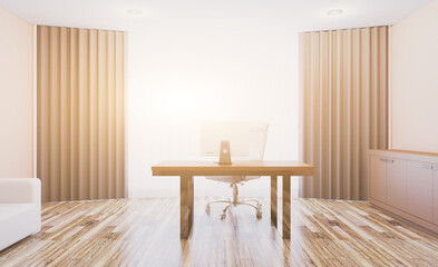Open space office interior with like conference room. Mockup. 3D rendering.. Sunset.