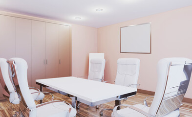 Open space office interior with like conference room. Mockup. 3D rendering.. Mockup.   Empty paintings