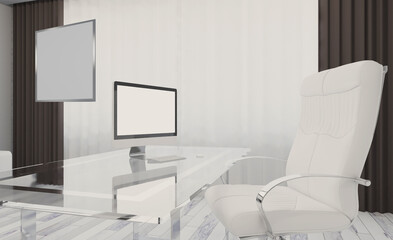 An office with a colorful design and modern furniture. Mockup.   Empty paintings. 3D rendering.