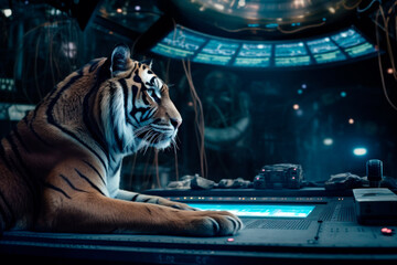 Tiger rests in an abandoned spaceship. Generative AI