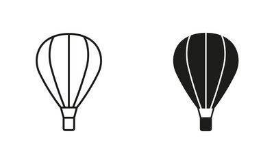 Hot Air Balloon with Basket Line and Silhouette Black Icon Set. Flight Baloon for Travel Pictogram. Fly Hotair Ballon for Sky Journey Outline and Solid Symbol Collection. Isolated Vector Illustration