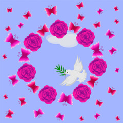 a frame of roses and flying butterflies. In the middle is a  dove with an olive branch.