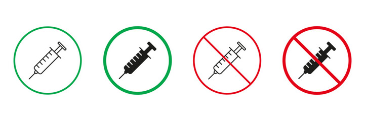 Syringe Drug Red and Green Warning Signs. Anti Vax, Against Vaccination Line and Silhouette Icons Set. Allowed and Prohibited Area for Inject, Doping Zone Pictogram. Isolated Vector Illustration