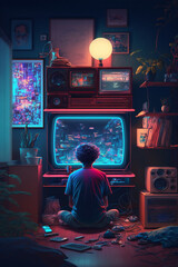 Boy gamer play in pc as concept for video game day. Digital internet cyber hacking. Generative AI - 592592375