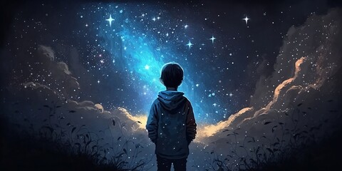 Illustration of a boy looking at night starry sky with glitter glow galaxy flicker above, idea for prayer of hope, love, peace theme,Generative ai technology - obrazy, fototapety, plakaty
