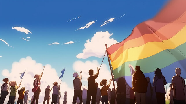 Illustration of silhouettes of people raising a flag with the LGBT colors.