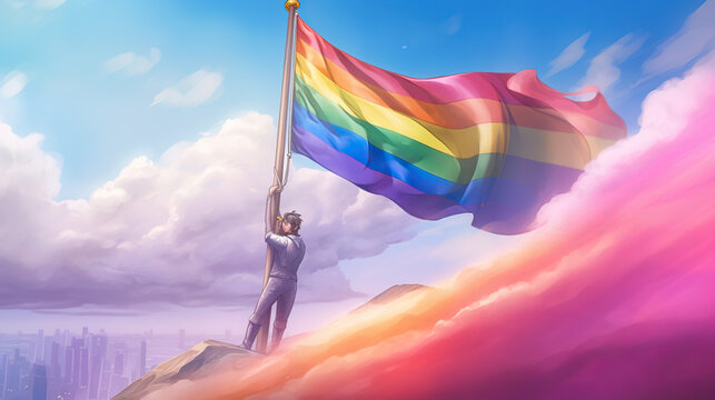 Illustration of a person raising a flag with the LGBT colors.