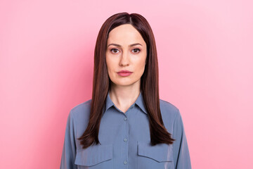 Fototapeta premium Photo portrait of confident business lady wear blue formal shirt stylish clothes professional engineer worker isolated on pink color background