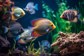 Fototapeta na wymiar Colorful exotic fish in a tank. Generative AI