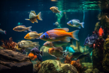 Fototapeta premium Colorful exotic fish in a tank. Generative AI