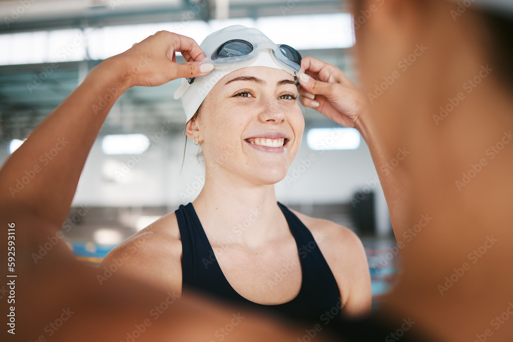 Canvas Prints Sports goggles, women or friends in swimming pool starting training, workout or fitness exercise together. Face of healthy girl athlete, rubber eye wear gear or happy swimmers smiling or bonding