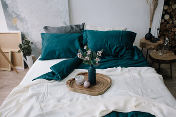 Bed in blue tones