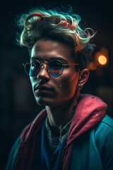 Studio portrait of a male hipster. Generative AI.