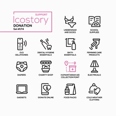Donations and humanitarian aid - line design style icons set