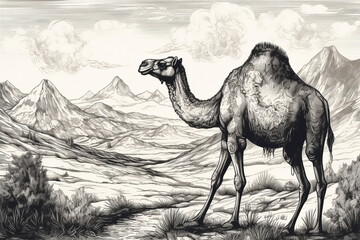 Hand drawn ink illustration of a camel in its natural habitat. Generative AI.