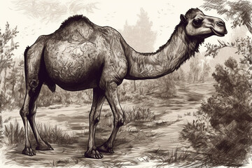 Hand drawn ink illustration of a camel in its natural habitat. Generative AI.