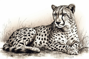 Hand drawn ink illustration of a cheetah in its natural habitat. Generative AI.