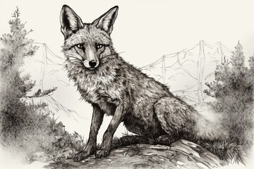 Hand drawn ink illustration of a fox in its natural habitat. Generative AI.