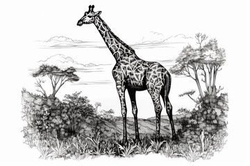 Naklejka premium Hand drawn ink illustration of a giraffe in its natural habitat. Generative AI.