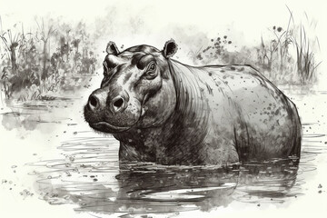 Hand drawn ink illustration of a hippopotamus in its natural habitat. Generative AI.