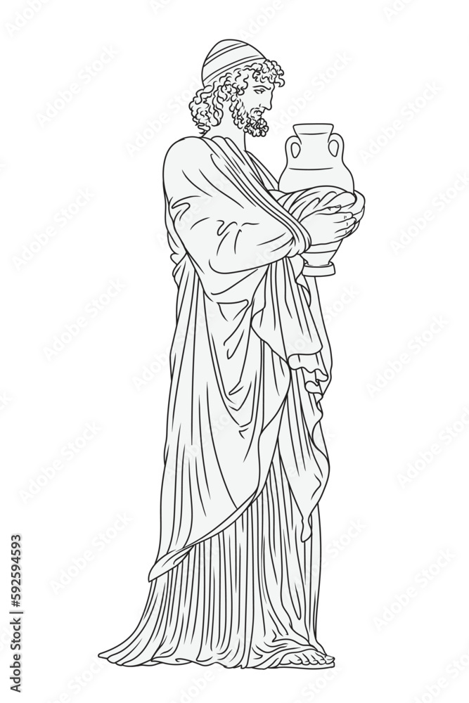 Wall mural an ancient greek man with a beard in a tunic carries a jug of wine. figure isolated on white backgro