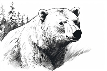 Hand drawn ink illustration of a polar bear in its natural habitat. Generative AI.