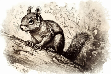 Hand drawn ink illustration of a squirrel in its natural habitat. Generative AI.