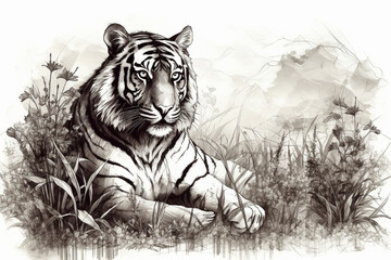 Hand drawn ink illustration of a tiger in its natural habitat. Generative AI.