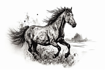 Fototapeta na wymiar Hand drawn ink illustration of a wild horse in its natural habitat. Generative AI.