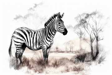 Fototapeta na wymiar Hand drawn ink illustration of a zebra in its natural habitat. Generative AI.